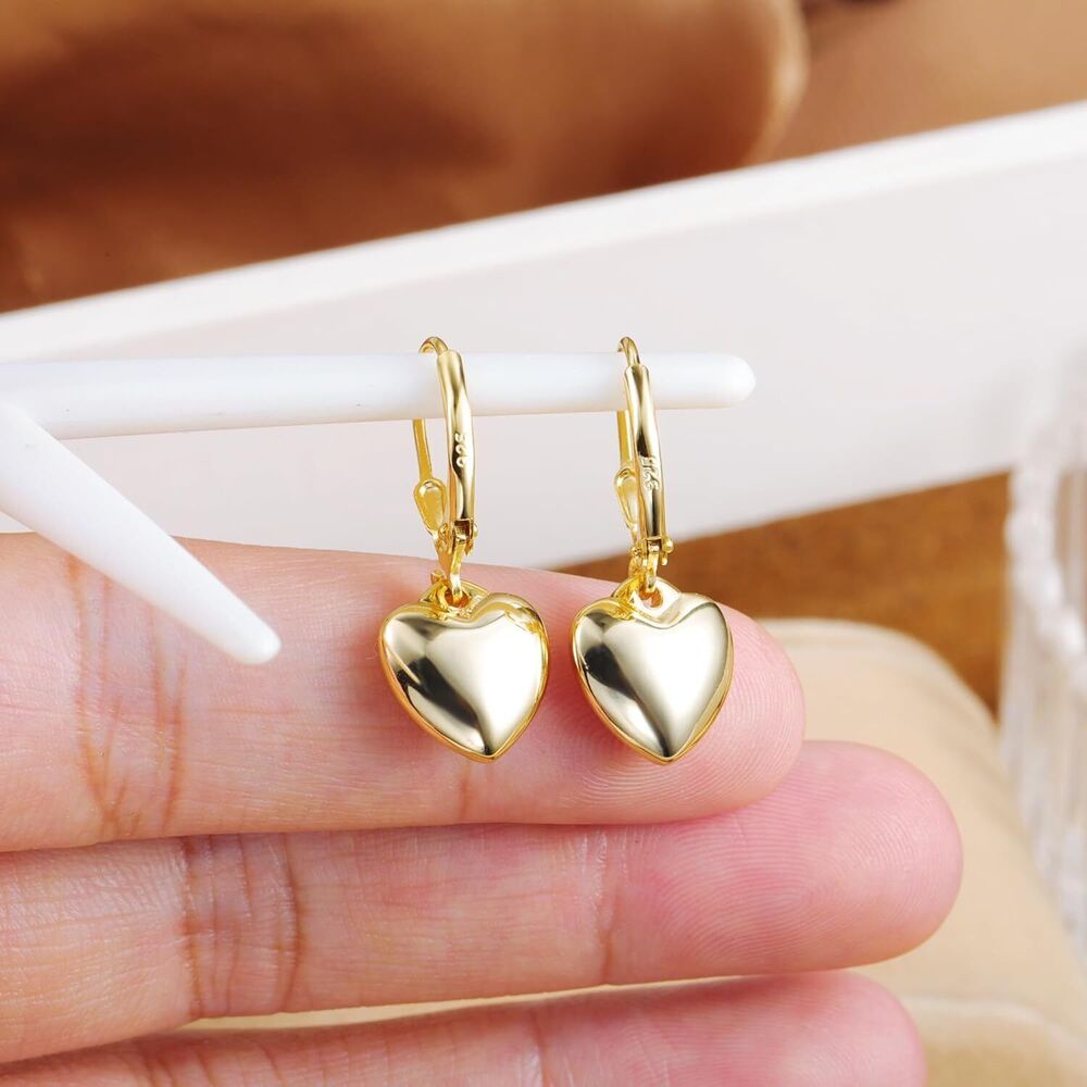 925 Sterling Silver Puffy Heart Dangle Earrings Silver Dangle Leverback Earring
